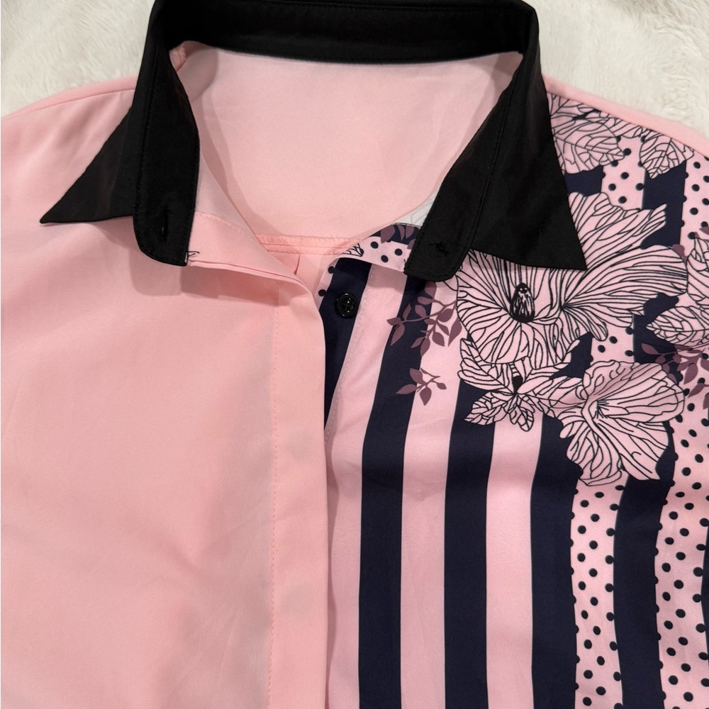 Elegant Pink and Black Floral Women's Button Down Shirt
